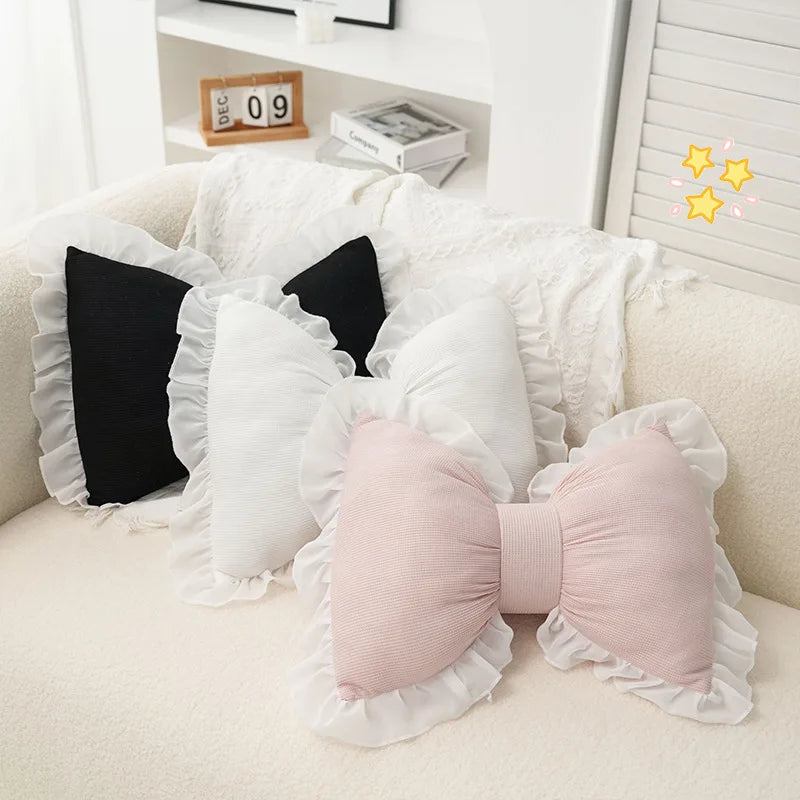 Modern Simple Sofa Pillow Living Room Bedside Cushion  Cute Bow Back Lace Edge  Comfortable and Breathable Pad